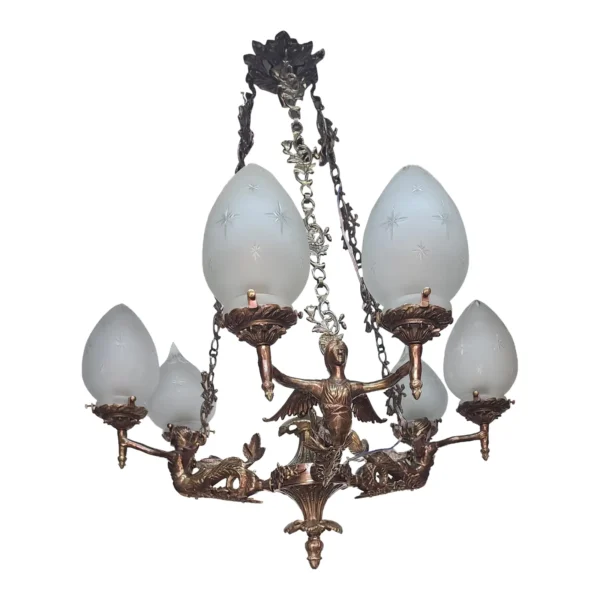Vintage Victorian Art Deco Nouveau Mermaid Ceiling Hanging Chandelier, Brass & Star Glass Shade