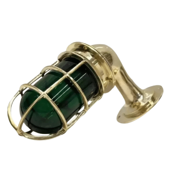 Vintage Brass Marine Green Glass Wall Light – Nautical Industrial Passage Cage Lamp
