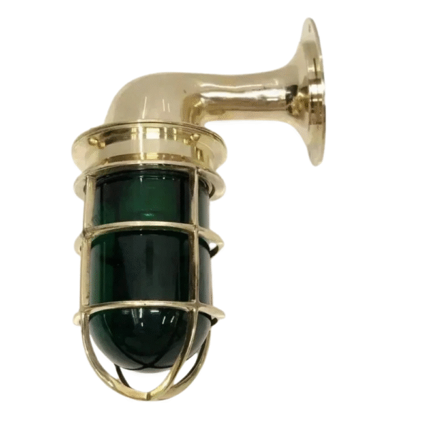 Vintage Brass Marine Green Glass Wall Light – Nautical Industrial Passage Cage Lamp