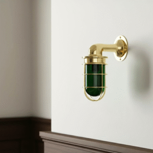 Vintage Brass Marine Green Glass Wall Light – Nautical Industrial Passage Cage Lamp