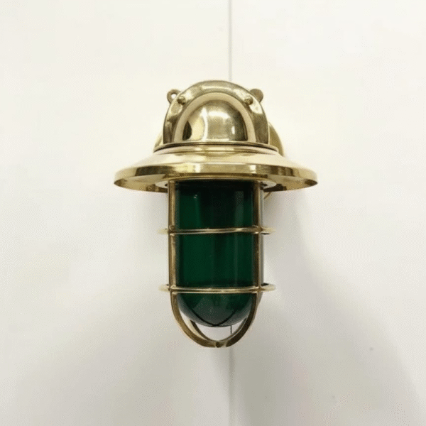 Vintage Nautical Brass Wall Light with Green Glass | Marine Bulkhead Fixture