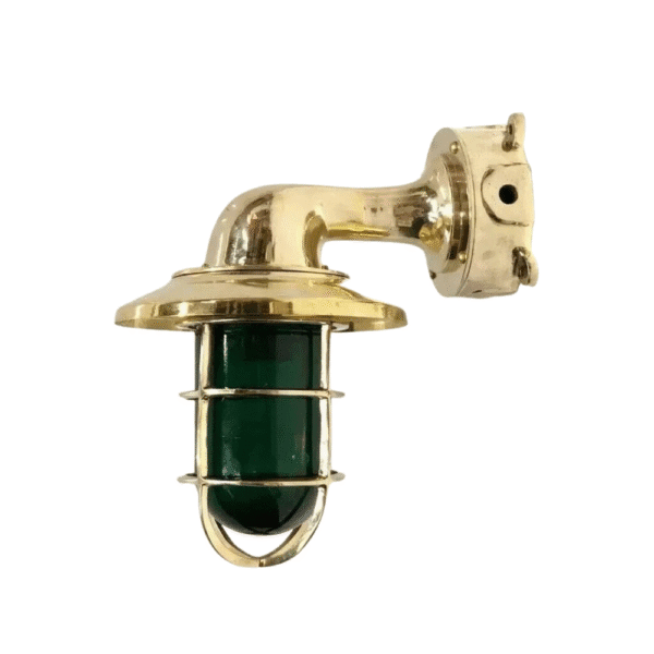 Vintage Nautical Brass Wall Light with Green Glass | Marine Bulkhead Fixture