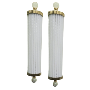 Pair of 1940s-style Art Deco brass sconces with twisted milk glass rods
