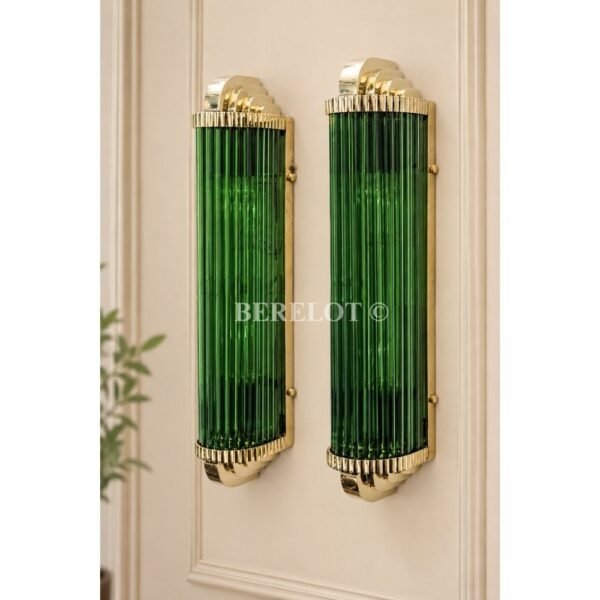 Pair of Art Deco wall sconces with green and clear glass rods in brass frames