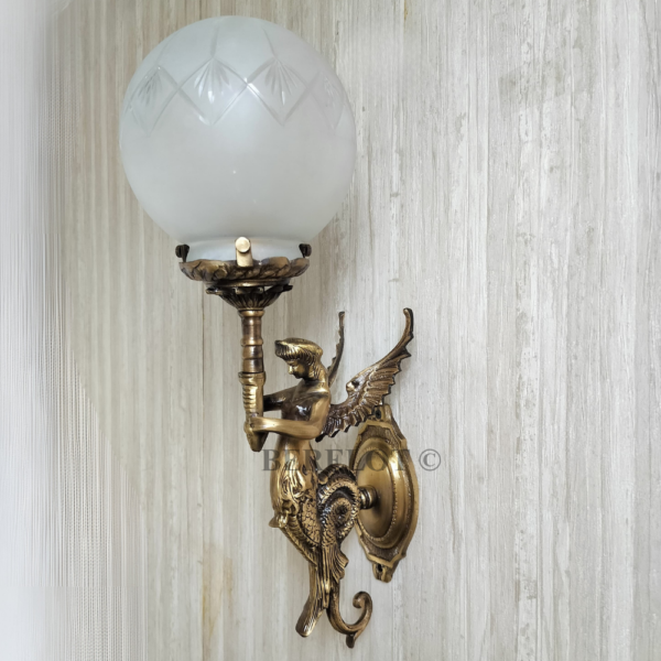 Pair of Brass Antique Wall Lamps with Etched Frosted Glass Globes | Vintage Figurine Sconces