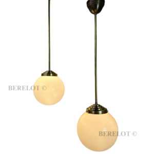 Vintage Brass Globe Pendant Light with Opal Glass Shade | Art Deco Hanging Ceiling Lamp