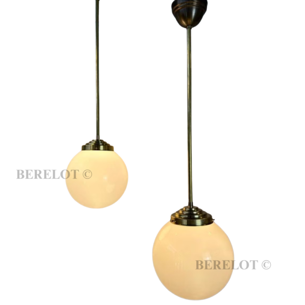 Vintage Brass Globe Pendant Light with Opal Glass Shade | Art Deco Hanging Ceiling Lamp