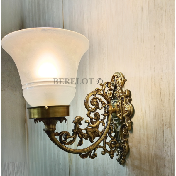 Pair of Antique Brass Victorian Wall Lamps with Frosted Glass Shades | Ornate Vintage Sconces