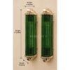 Pair of Art Deco Green Clear Glass Wall Sconces with Brass Frame | Tall Statement Wall Lights