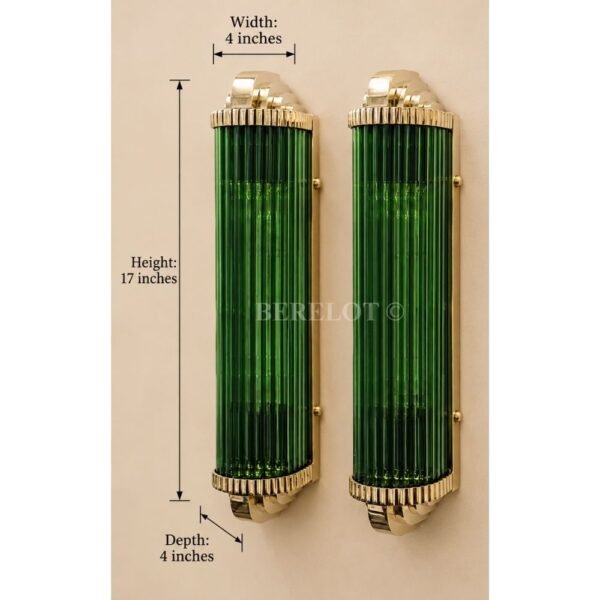 Pair of Art Deco Green Clear Glass Wall Sconces with Brass Frame | Tall Statement Wall Lights