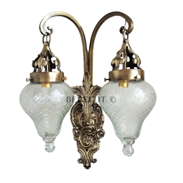 Antique Brass Double Wall Sconce with Cut Glass Shades | Vintage Ornate Twin Arm Lamp