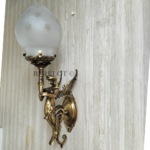 Pair of mermaid fairy antique brass sconces with frosted etched glass