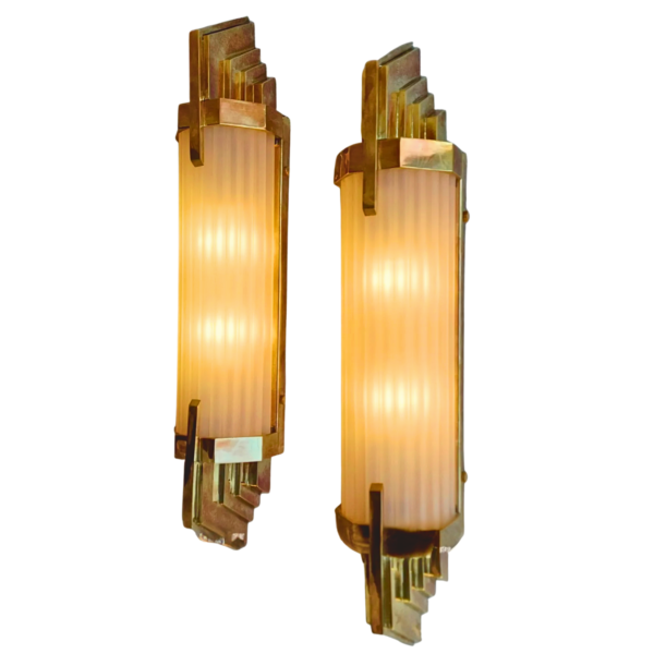 Antique Brass Art Deco Wall Lights with Milk Glass Rods | Pair of Vintage Geometric Sconces