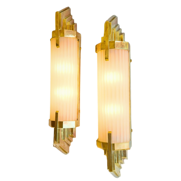 Antique Brass Art Deco Wall Lights with Milk Glass Rods | Pair of Vintage Geometric Sconces