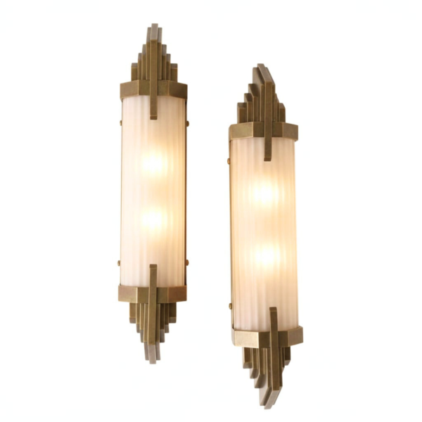 Antique Brass Art Deco Wall Lights with Milk Glass Rods | Pair of Vintage Geometric Sconces