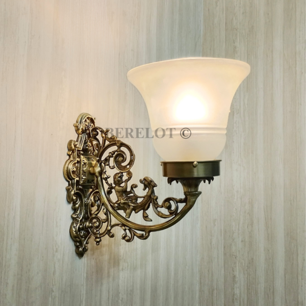 Pair of Antique Brass Victorian Wall Lamps with Frosted Glass Shades | Ornate Vintage Sconces