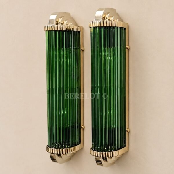 Pair of Art Deco Green Clear Glass Wall Sconces with Brass Frame | Tall Statement Wall Lights