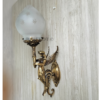 Pair of Antique Brass Mermaid Fairy Wall Lamps with Frosted Etched Glass Shades | Vintage Figurine Sconces