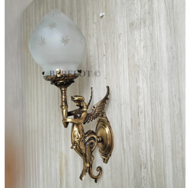 Pair of Antique Brass Mermaid Fairy Wall Lamps with Frosted Etched Glass Shades | Vintage Figurine Sconces