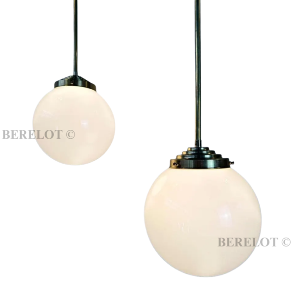 Vintage Brass Globe Pendant Light with Opal Glass Shade | Art Deco Hanging Ceiling Lamp
