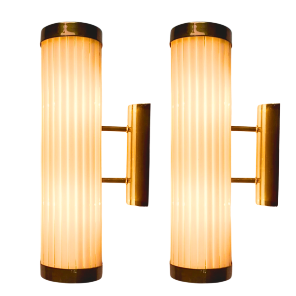 Vintage Brass Wall Lamps with Milk Glass Tubes | Pair of Art Deco Cylinder Sconces