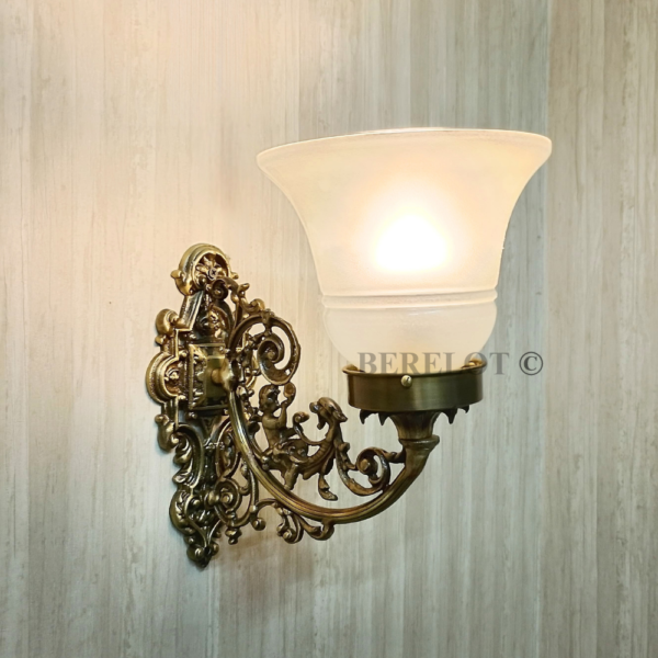 Pair of Antique Brass Victorian Wall Lamps with Frosted Glass Shades | Ornate Vintage Sconces