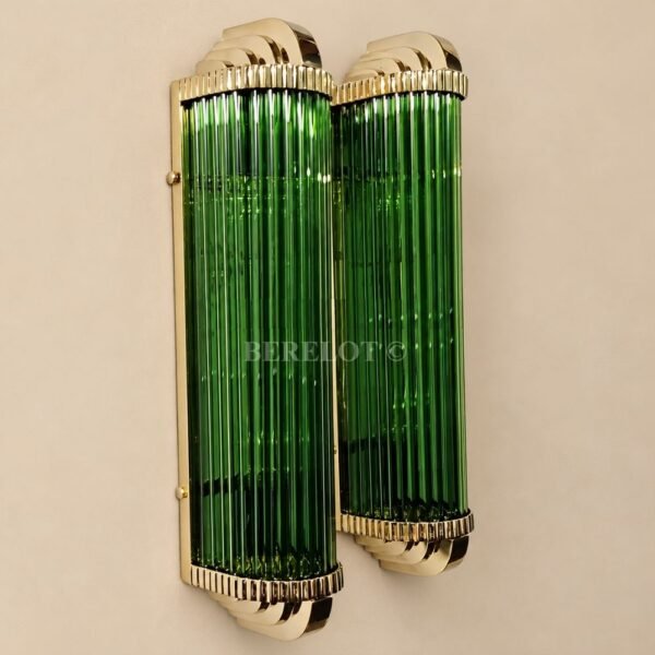 Pair of Art Deco Green Clear Glass Wall Sconces with Brass Frame | Tall Statement Wall Lights