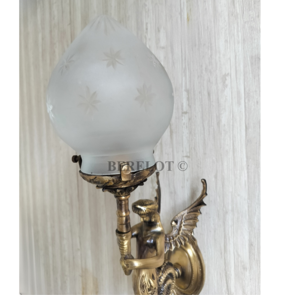 Pair of Antique Brass Mermaid Fairy Wall Lamps with Frosted Etched Glass Shades | Vintage Figurine Sconces