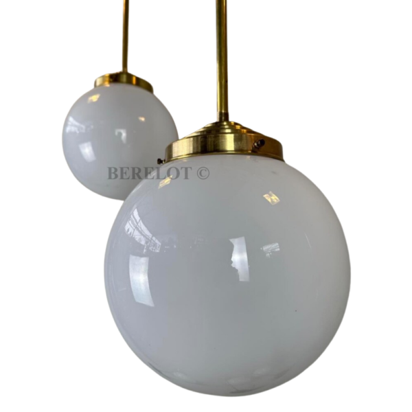 Vintage Brass Globe Pendant Light with Opal Glass Shade | Art Deco Hanging Ceiling Lamp