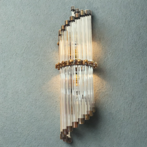 Art Deco geometric brass wall sconce with clear glass rods