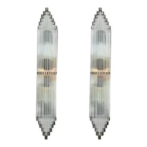 Pair of 1940s-style nickel brass wall sconces with clear glass rods