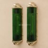 Pair of Art Deco Green Clear Glass Wall Sconces with Brass Frame | Tall Statement Wall Lights
