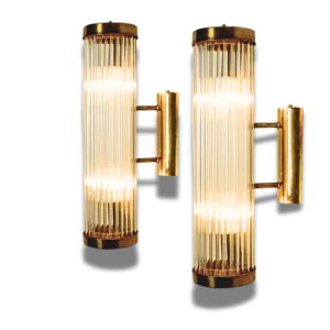 Pair of Art Deco brass cylinder wall sconces with clear glass rods