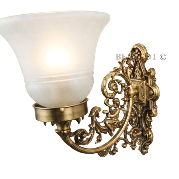 Pair of Antique Brass Victorian Wall Lamps with Frosted Glass Shades | Ornate Vintage Sconces