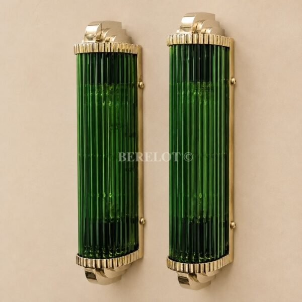 Pair of Art Deco Green Clear Glass Wall Sconces with Brass Frame | Tall Statement Wall Lights