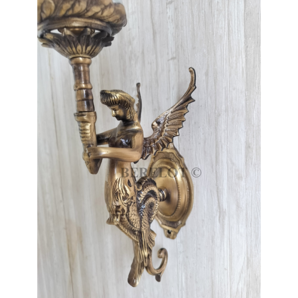 Pair of Antique Brass Mermaid Fairy Wall Lamps with Frosted Flame Glass Shades | Vintage Figurine Sconces