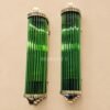 Pair of Art Deco Green Clear Glass Wall Sconces with Brass Frame | Tall Statement Wall Lights