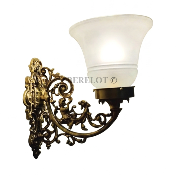 Pair of Antique Brass Victorian Wall Lamps with Frosted Glass Shades | Ornate Vintage Sconces