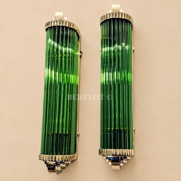 Pair of Art Deco Green Clear Glass Wall Sconces with Brass Frame | Tall Statement Wall Lights