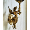 Pair of Antique Brass Mermaid Fairy Wall Lamps with Frosted Flame Glass Shades | Vintage Figurine Sconces