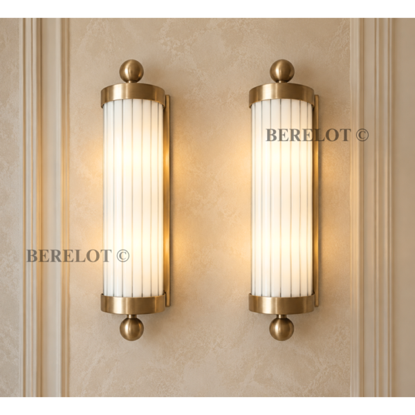 Art Deco Brass & Milk Glass Cylinder Wall Sconces – Pair