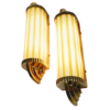 Vintage Art Deco Brass Wall Lights with Green & Milk Glass Rods | Pair of Decorative Sconces