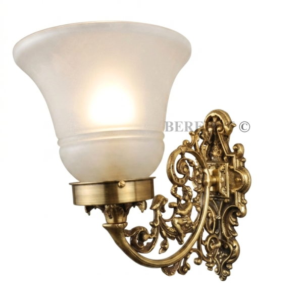 Pair of Antique Brass Victorian Wall Lamps with Frosted Glass Shades | Ornate Vintage Sconces
