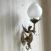 Pair of Antique Brass Mermaid Fairy Wall Lamps with Frosted Etched Glass Shades | Vintage Figurine Sconces
