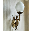 Pair of Antique Brass Mermaid Fairy Wall Lamps with Frosted Etched Glass Shades | Vintage Figurine Sconces