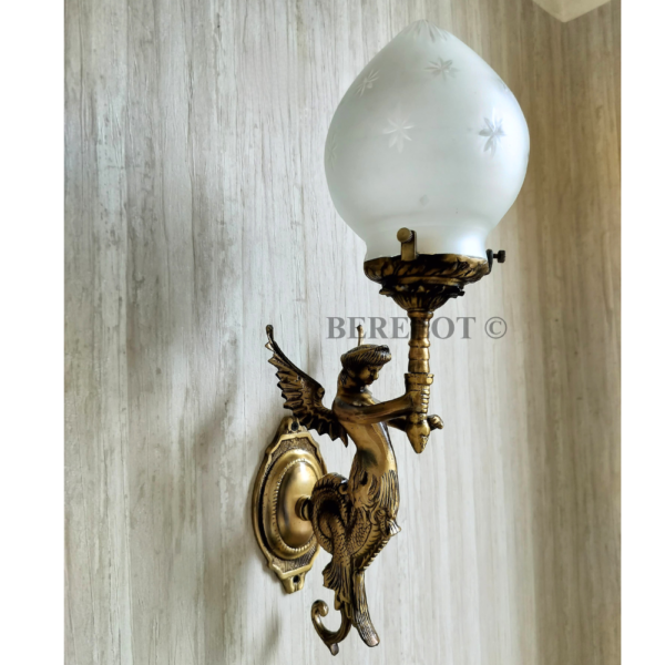 Pair of Antique Brass Mermaid Fairy Wall Lamps with Frosted Etched Glass Shades | Vintage Figurine Sconces
