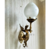 Pair of Antique Brass Mermaid Fairy Wall Lamps with Frosted Etched Glass Shades | Vintage Figurine Sconces