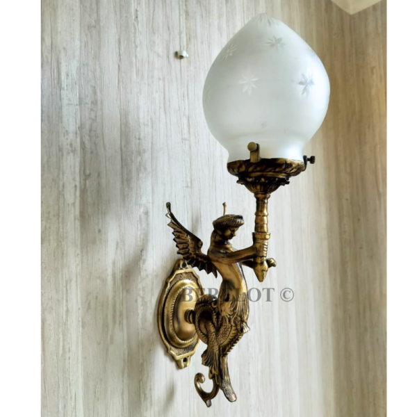 Pair of Antique Brass Mermaid Fairy Wall Lamps with Frosted Etched Glass Shades | Vintage Figurine Sconces