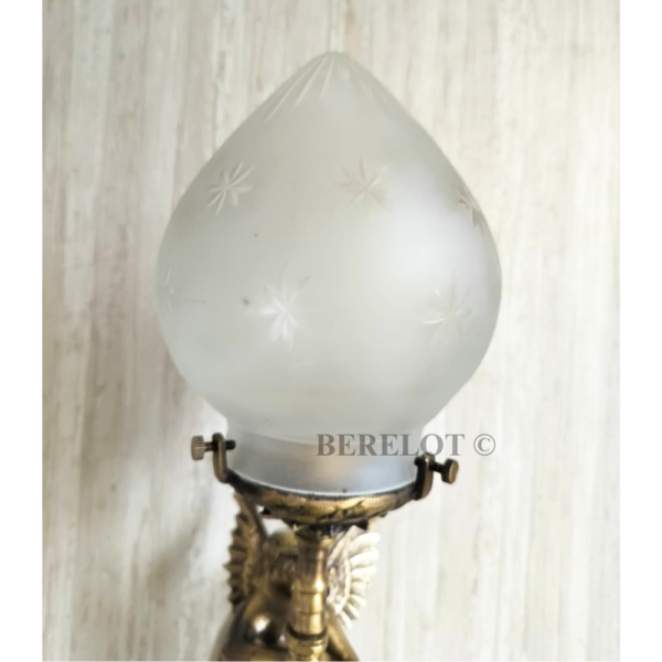 Pair of Antique Brass Mermaid Fairy Wall Lamps with Frosted Etched Glass Shades | Vintage Figurine Sconces