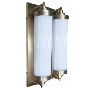Pair of Art Deco brass and milk glass rod wall sconces